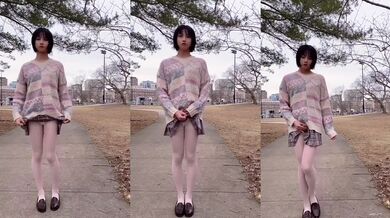 白丝伪娘露出紫薇 大白天来到路边小公园掏出鸡鸡先尿尿再开撸 后面不停有人经过 表情有点紧张 连射是最爽了